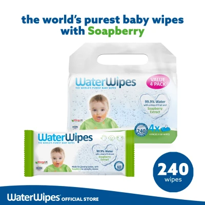 WATERWIPES World's Purest Baby Wipes - Soapberry - Toddlers - 4x60pk (240 wipes) Bundle Deal - Weaning, Feeding, Cleaning Hand and Mouth on Sensitive Skin - Mild & Hypoallergenic