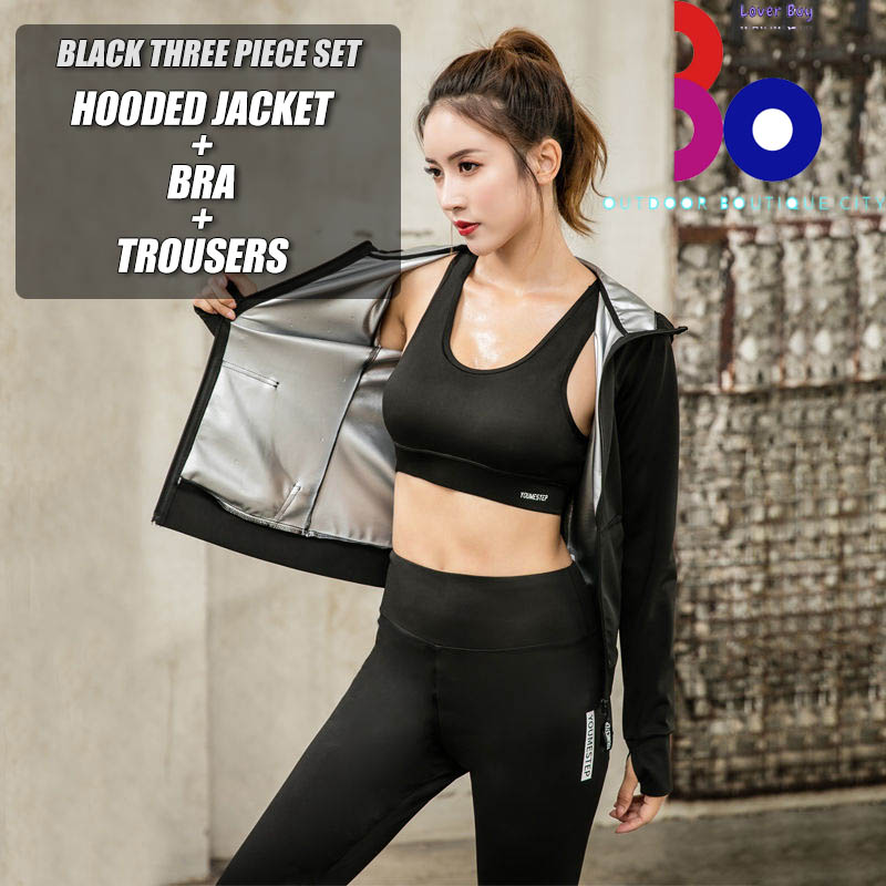 Women Sauna Suit ThreePiece Set Fitness Exercise Sweat Suits Weight Loss Clothes（With Hat