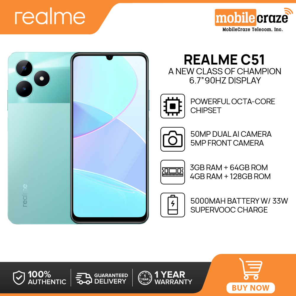 Realme C51 Smartphone, 3GB+64GB/4GB+128GB, Powerful Octa-core Chipset, 6.7” 90Hz Display, 50MP Dual AI Camera, 5000mAh Massive Battery w/ 33W  SuperVooc Charge