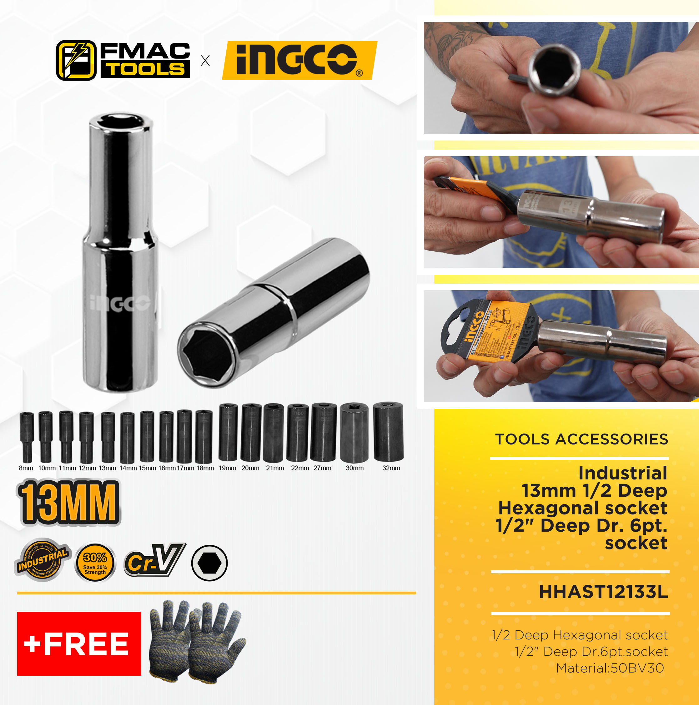INGCO 13mm 1/2 Deep Hexagonal socket 1/2" Deep Dr. 6pt. socket HHAST12133L + FREEBIES FMAC TOOLS