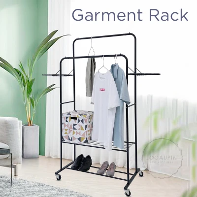 Locaupin Heavy Duty Rolling Garment Rack Wire Shelving Closet Wardrobe Organizer With Double Hanger and Wheels