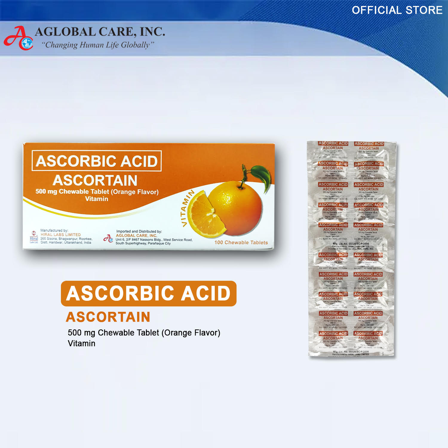 Vitamin C ( Ascorbic Acid) Chewable 500mg Ascortain 100 chewable tables