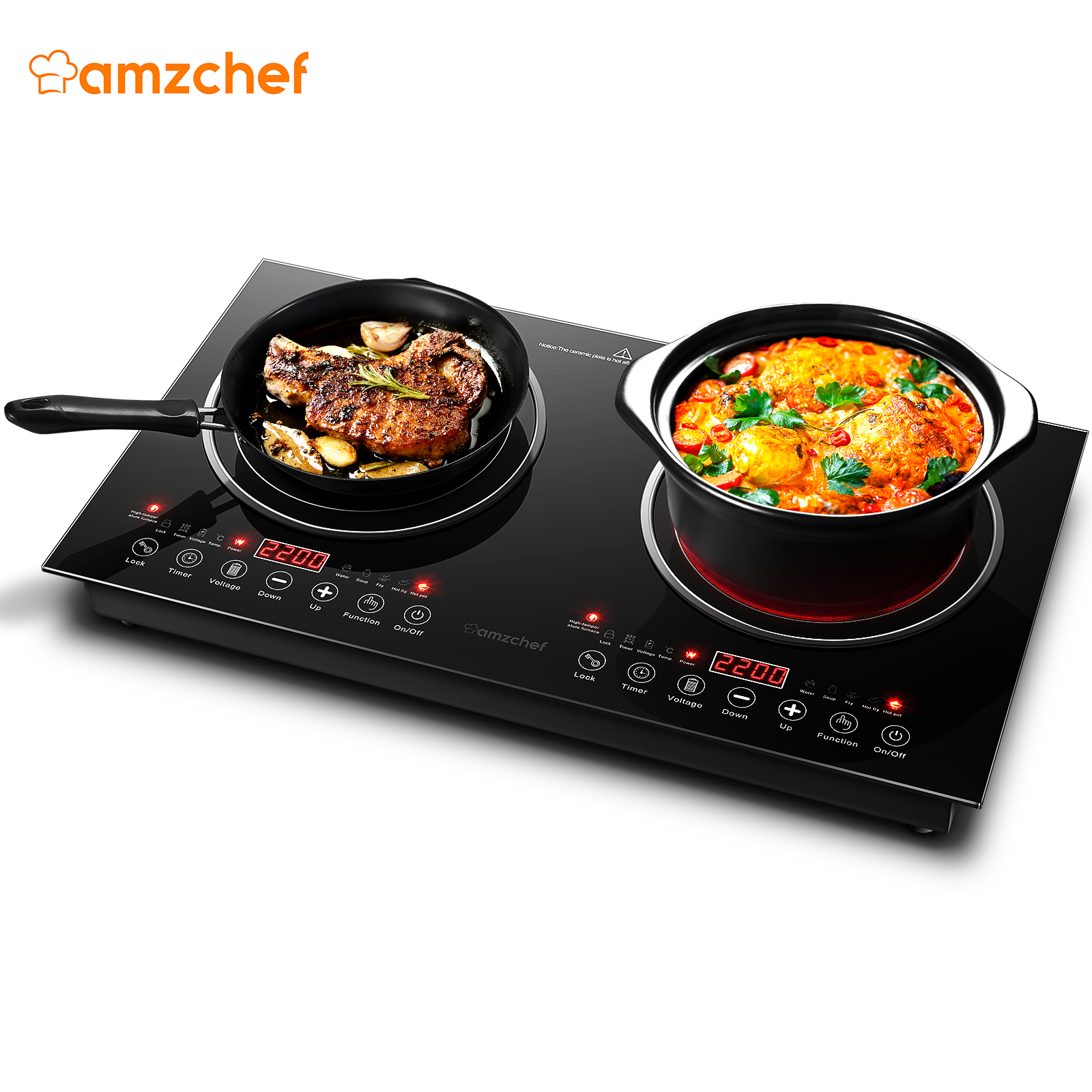 Amzchef Infrared Induction Ceramic Cooker Hob Electric 2 Burner 2200W