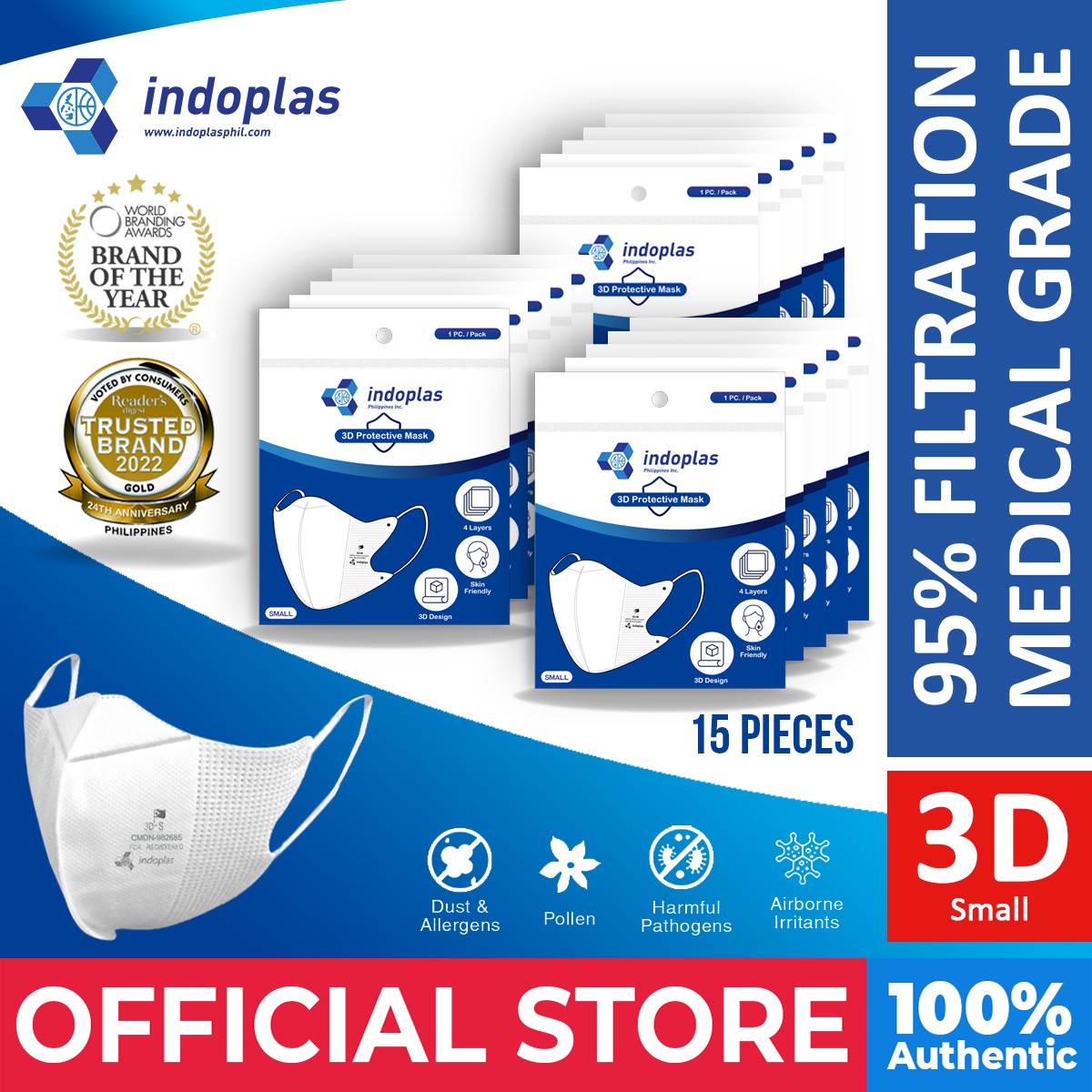 Indoplas KF94 3D Small (Kids) Face Mask FDA Registered - 15 Packs ...