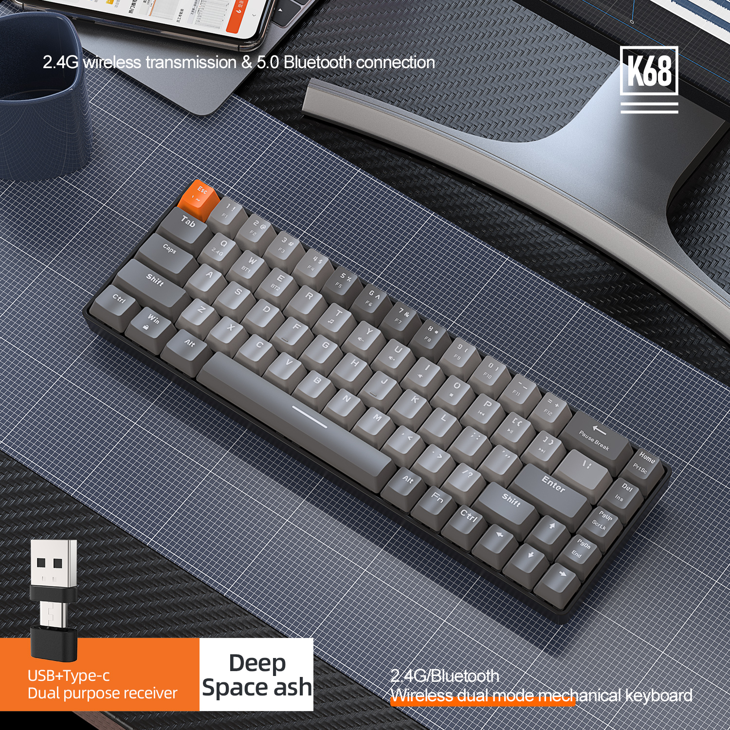 CPSTECH K68 Wireless Bluetooth Mechanical Keyboard Hot swappable 60