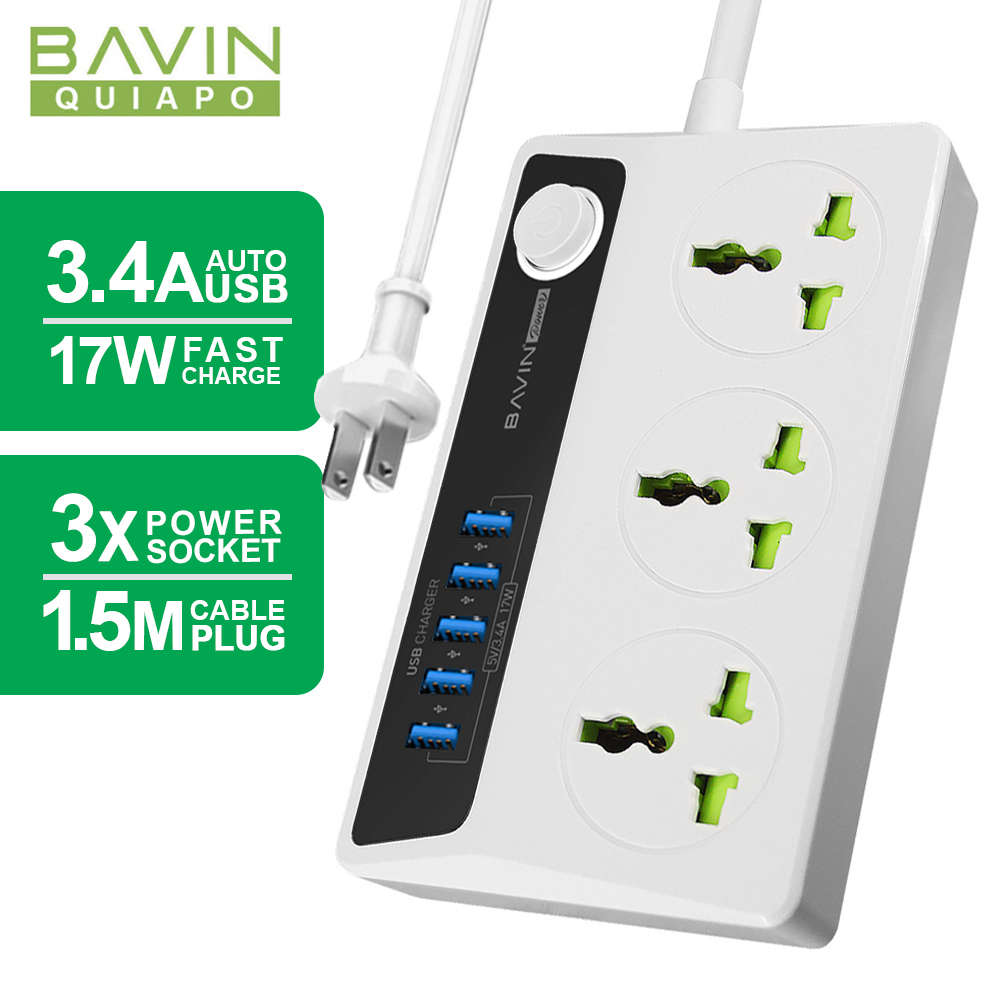 BAVIN 3.4A Universal USB Fast Charger HUB 17W PC512 w/ 3 Power Socket