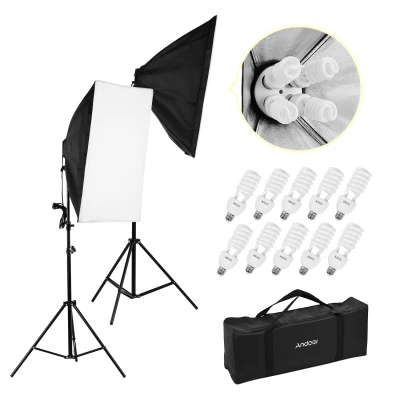 Andoer Professional Studio Photography Light Kit Including 50 * 70cm Softboxes * 2/ 4-in-1 Light Socket * 2/ 45W 5500K Light Bulbs * 8/ 2M Light Stand * 2/ Carry Bag * 1
