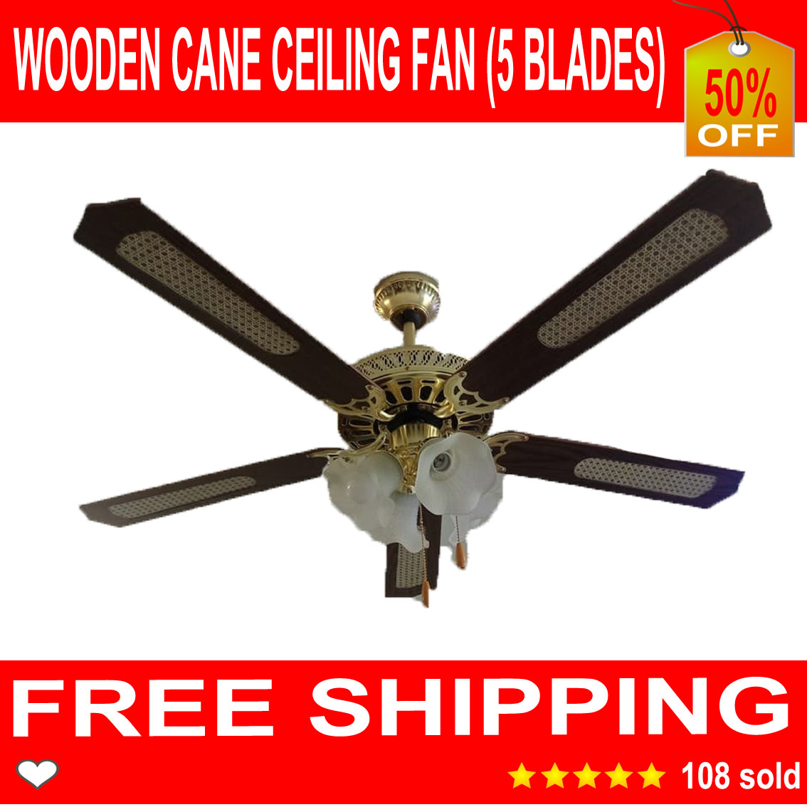 Reversible Wooden Cane Ceiling Fan Wtih 5 Blades And 4 Standard Light Bulb Socket