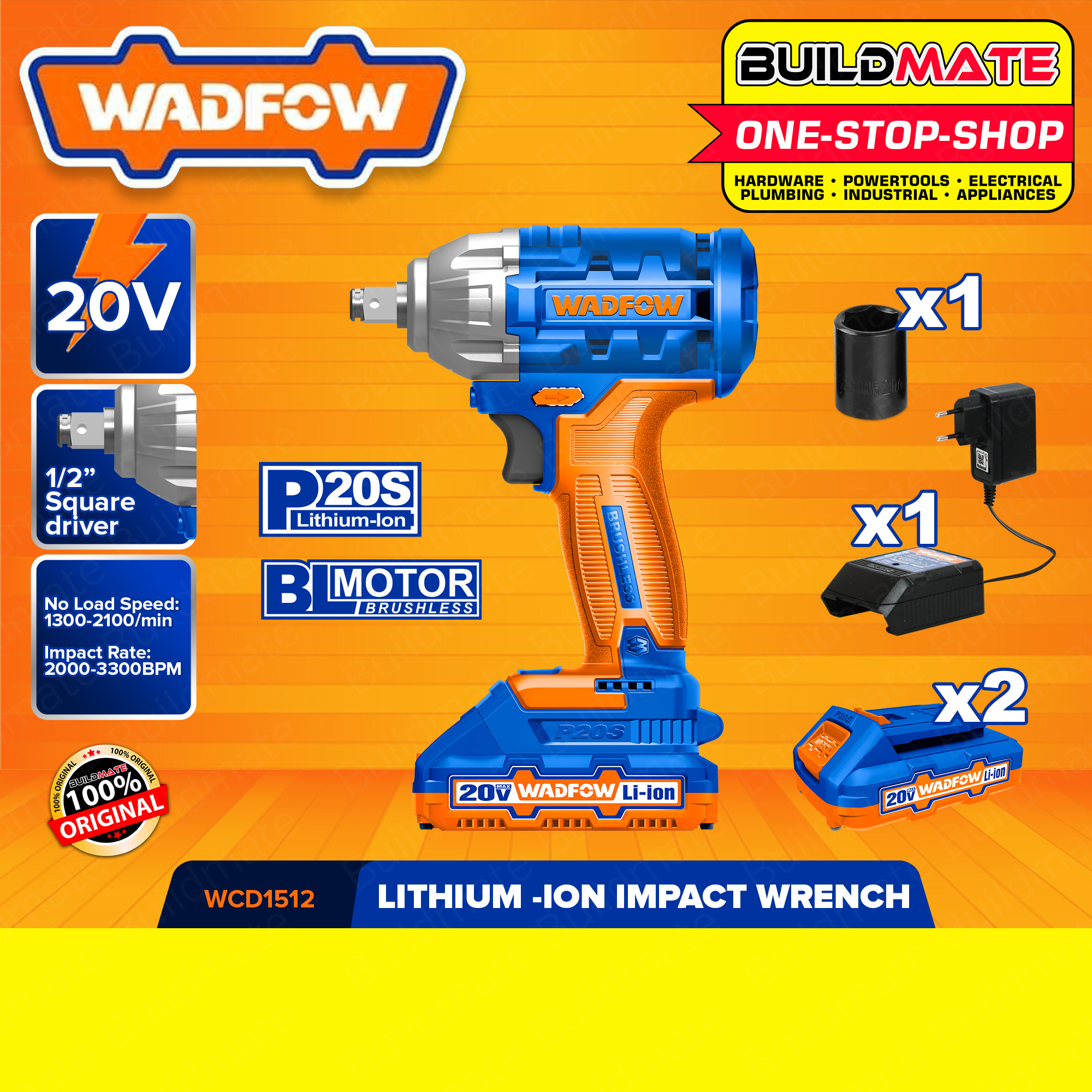 WADFOW Professional LithiumIon Cordless Brushless Motor Impact Wrench