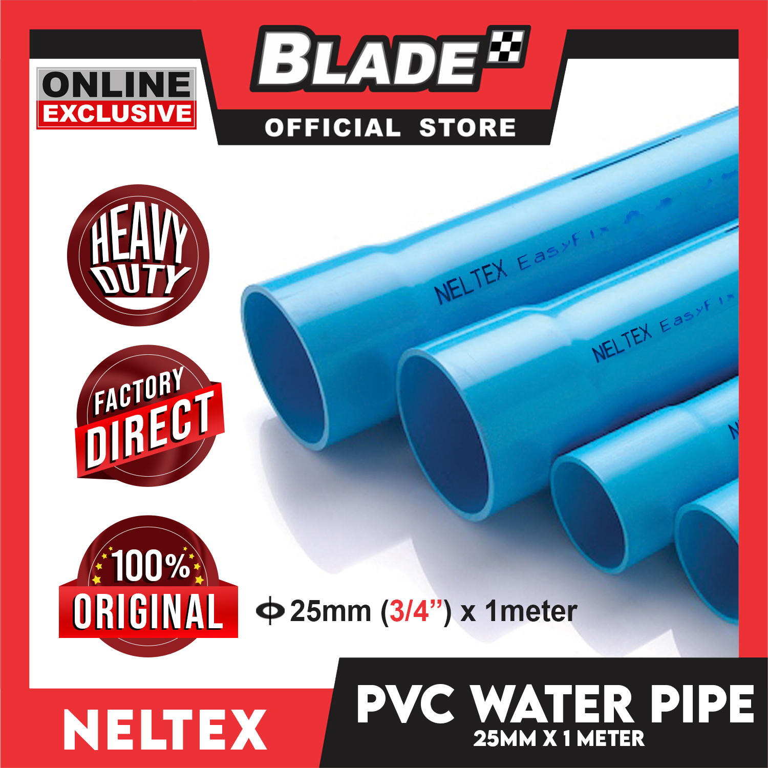 Neltex PVC Waterpipe 25mm (3/4inch) x 1meter (Blue) Waterline Tube