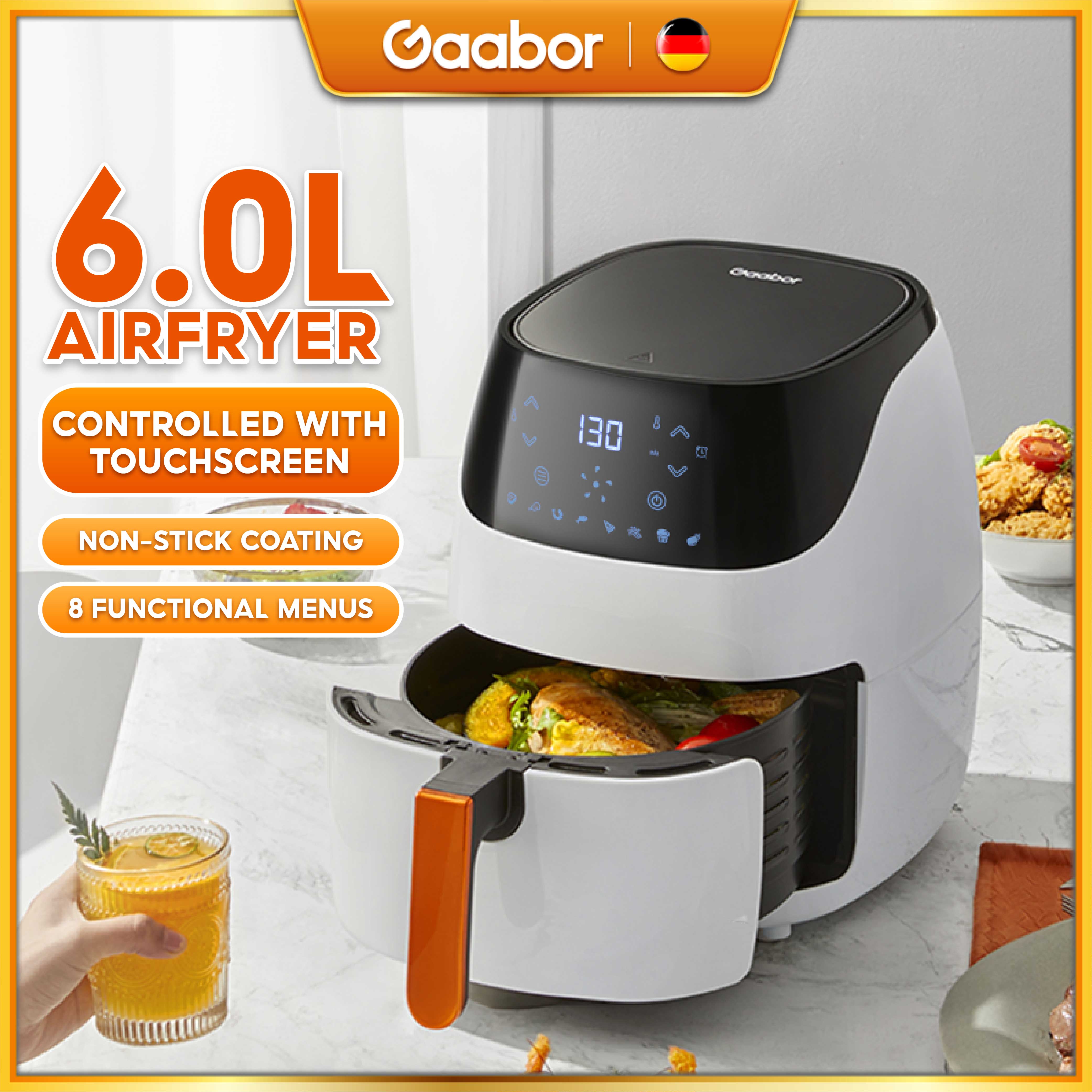 Gaabor Air Fryer, 6l Nonstick, Touch Screen With 8 Functional Menus And 