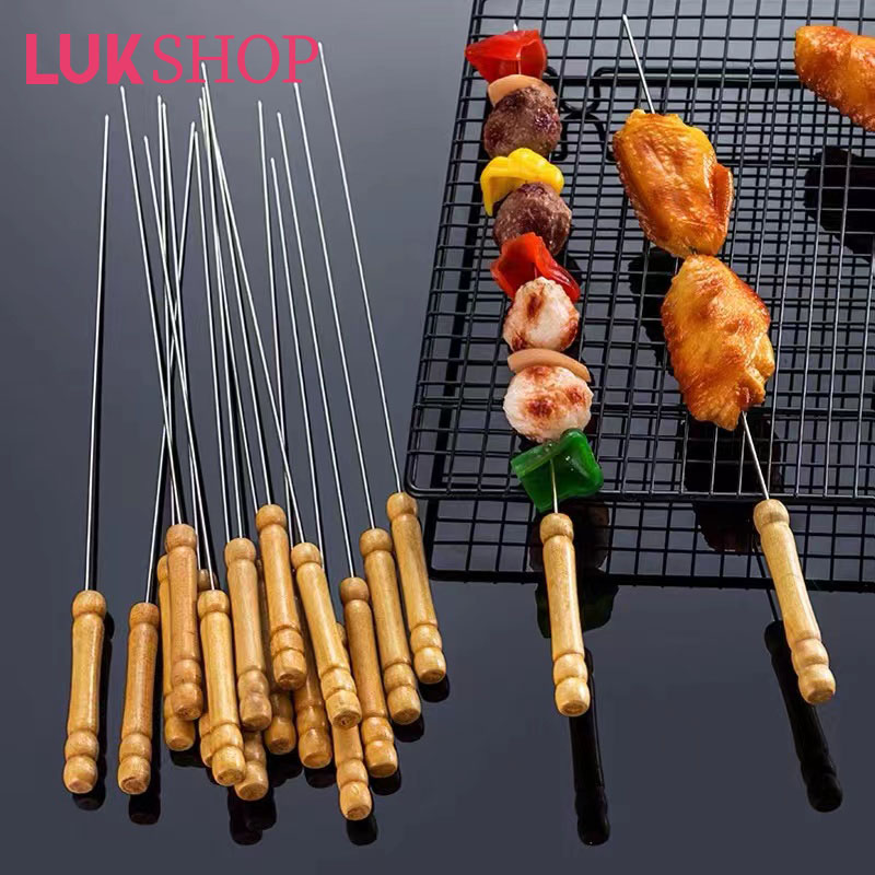 LUK 10pcs BBQ Stick Stainless BBQ Skewers Stick Wooden Handle Reusable