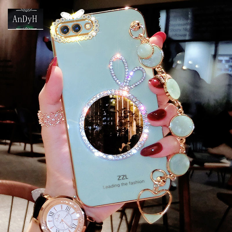 AnDyH Precise camera protection case For OPPO A3S A12E Realme C1 cases Bunny makeup mirror with gemstone bracelet