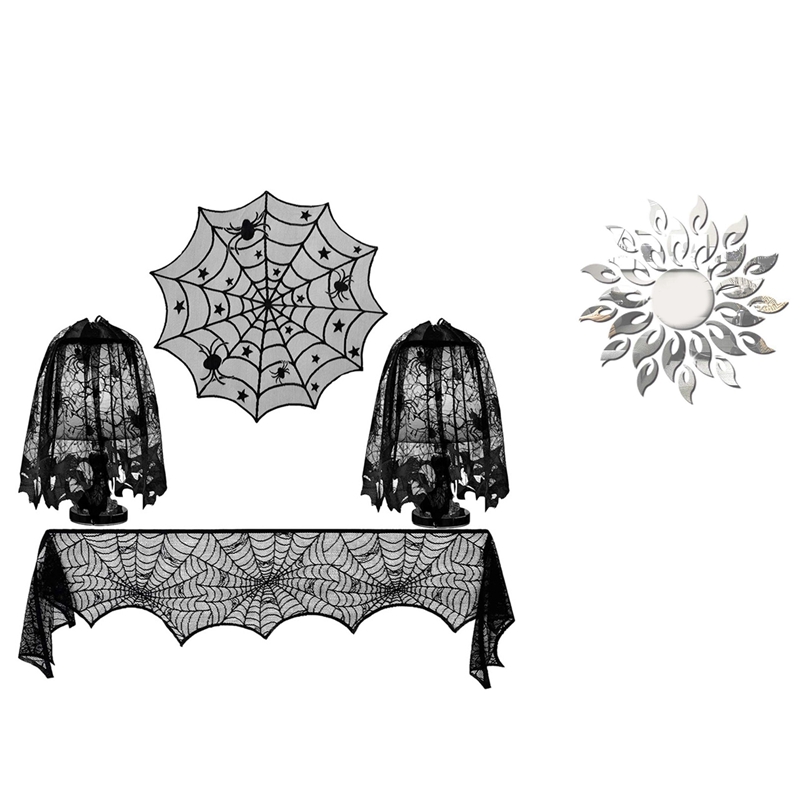 4 Pcs Lace Table Cover, Lamp Shades and Fireplace Scarf Cover & 1 Set Sunflower Mirror Wall Sticker Decoration