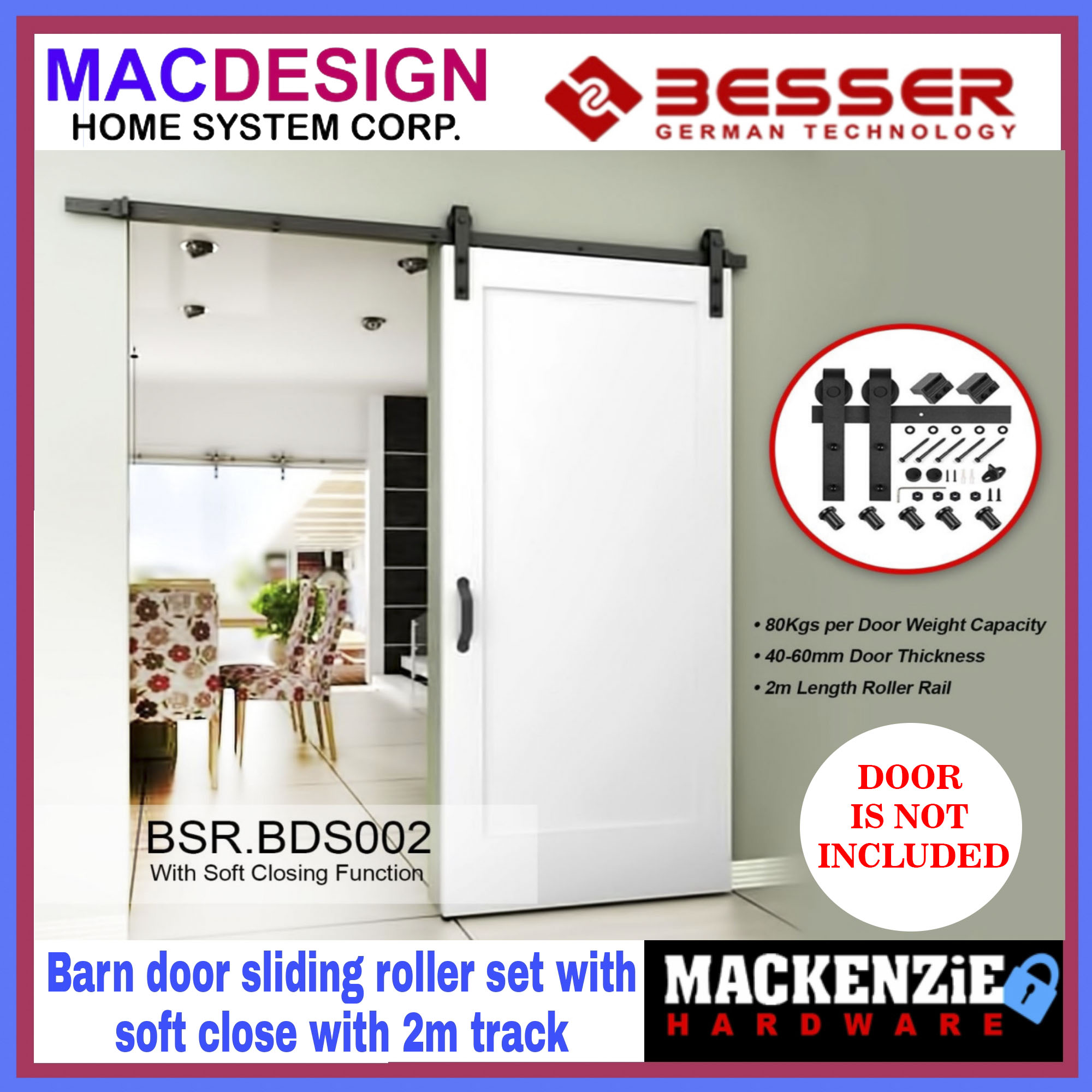 BESSER BDS002 BARN SLIDING DOOR ROLLER SET WITH SOFT CLOSE WITH 2M