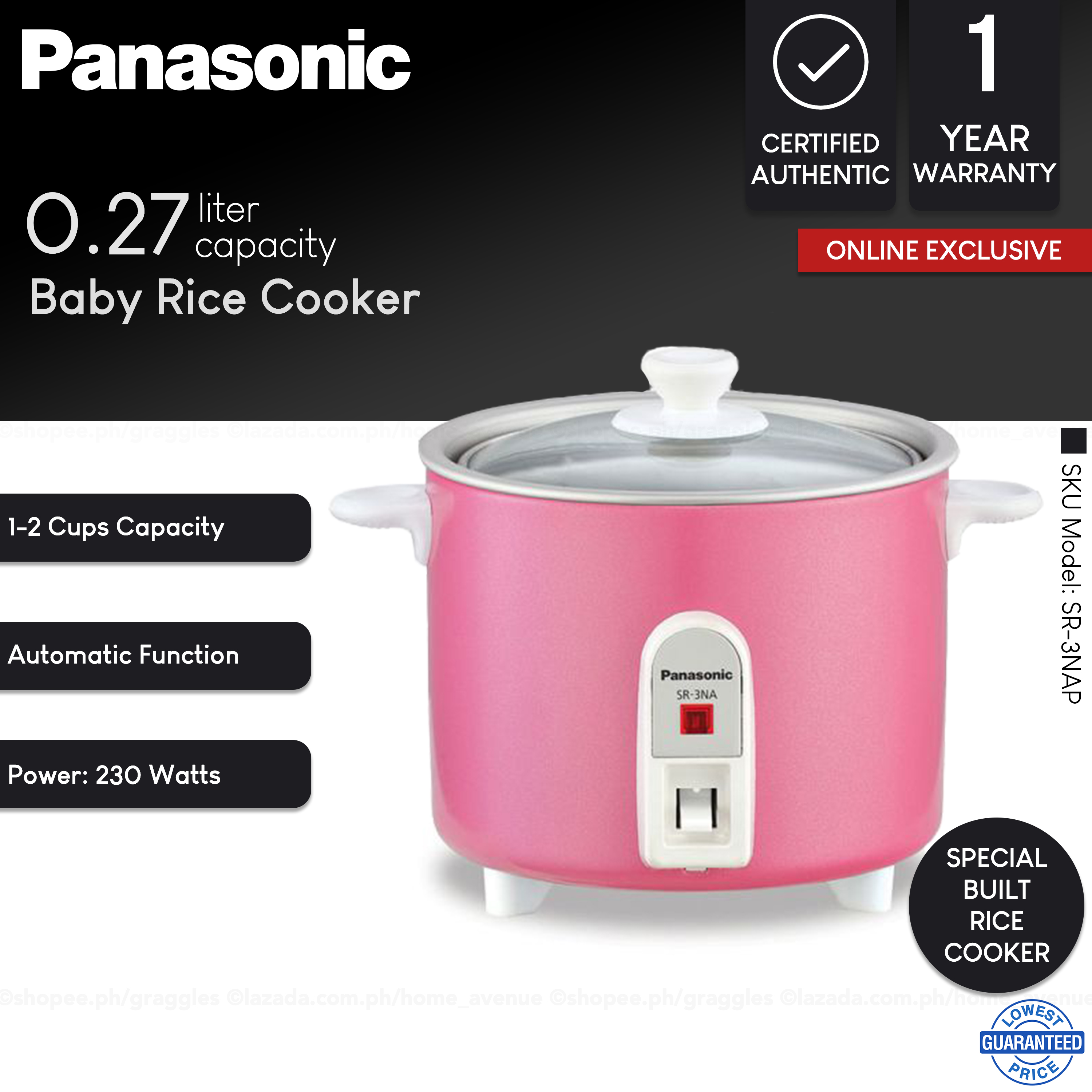 Panasonic 0.27L Automatic Baby Rice Cooker SR3NA (Pink) Lazada PH