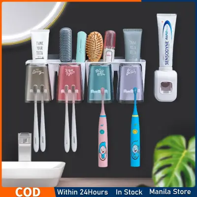 Wall-Mounted Multicolor 2/3/4 Cup Toothbrush Storage Rack Toothbrush Finishing Rack Automatic Toothpaste Dispenser Dust-Proof Toothbrush Rack Toothbrush Wall-Mounted Bracket Bathroom Accessory Kit