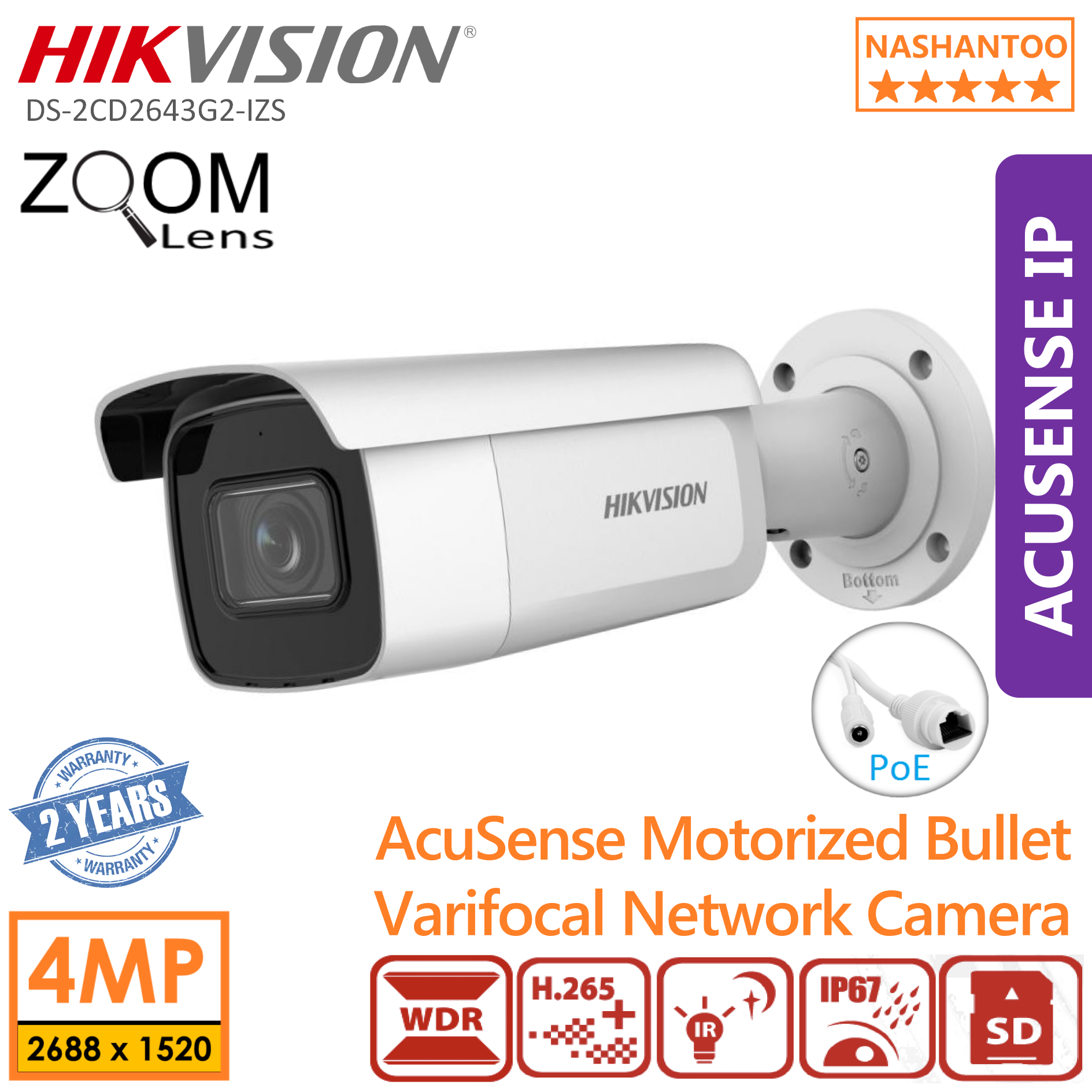 bullet camera hikvision 2655 HIKVISION DS-2CD2643G2-IZS 4MP Outdoor PoE IR AcuSense  Varifocal Bullet Network IP Camera, Compression Tech, On-Board  Storage