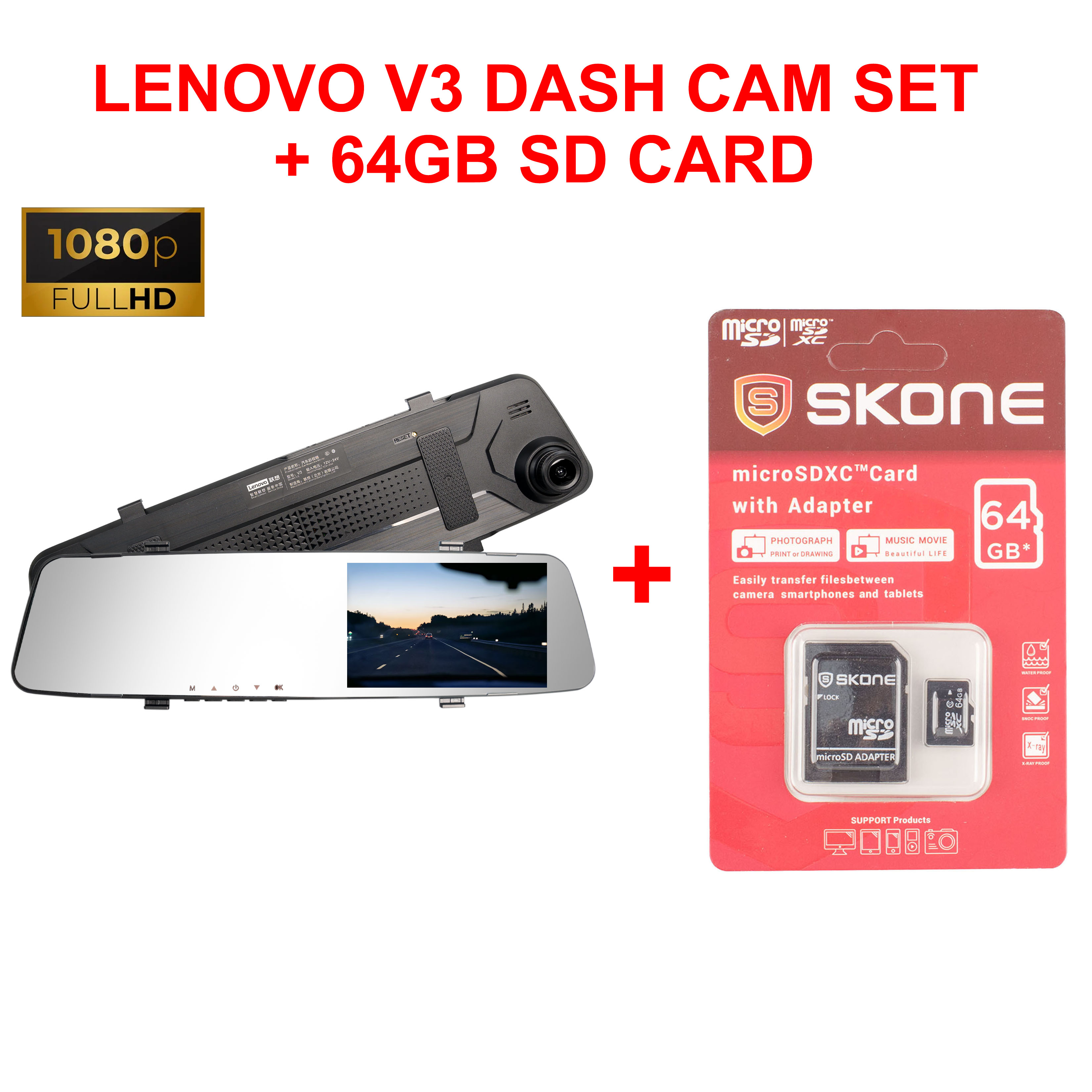 Lenovo Dash Cam V3 Car DVR 4.39 Inch Mirror Recorder 1080P Dual Lens