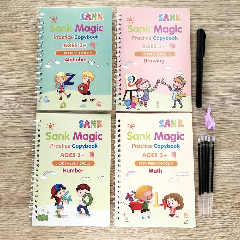 The Print Handwriting Workbook-Reusable Writing Practice Book （Four Books with Pen+School Bag+Pen Case+Key Chain） Sank New Plus-Version for Christmas 26x18.5 cm Reusable Practice Copybook for Kids 