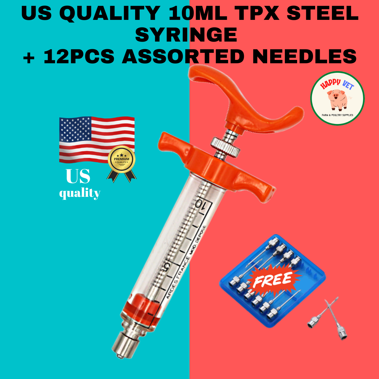 10 ml Heavy Duty TPX Veterinary Syringe + Free 12 PCS assorted needles ...