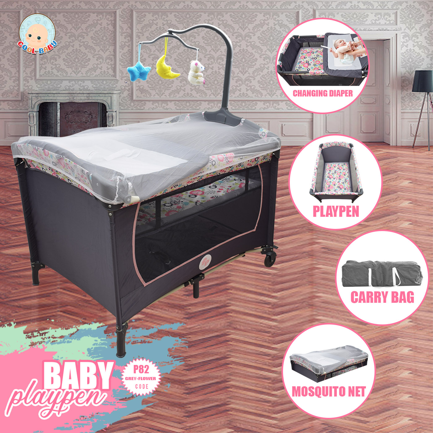 Cool Baby H29/P82 Mamakids Baby Infant Crib Nursery Playpen with Diaper