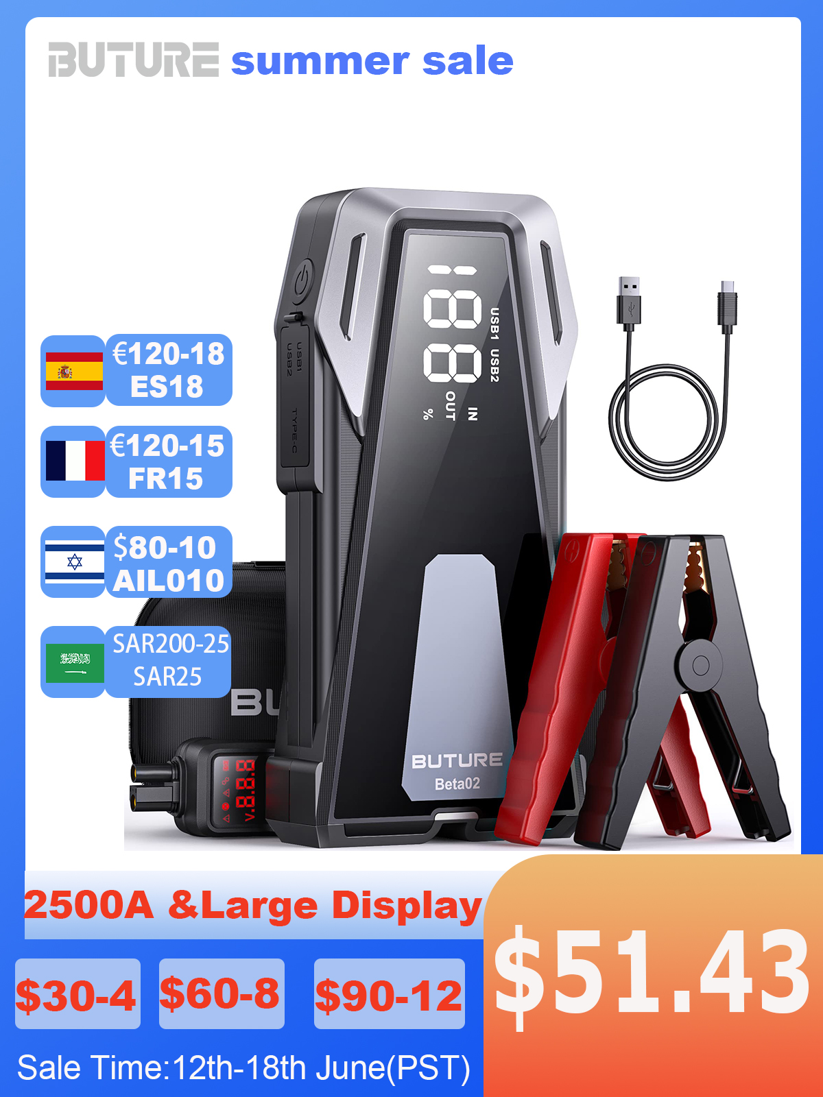 BUTURE Car Jump Starter 2500A Automotive Battery Charger Car Starter