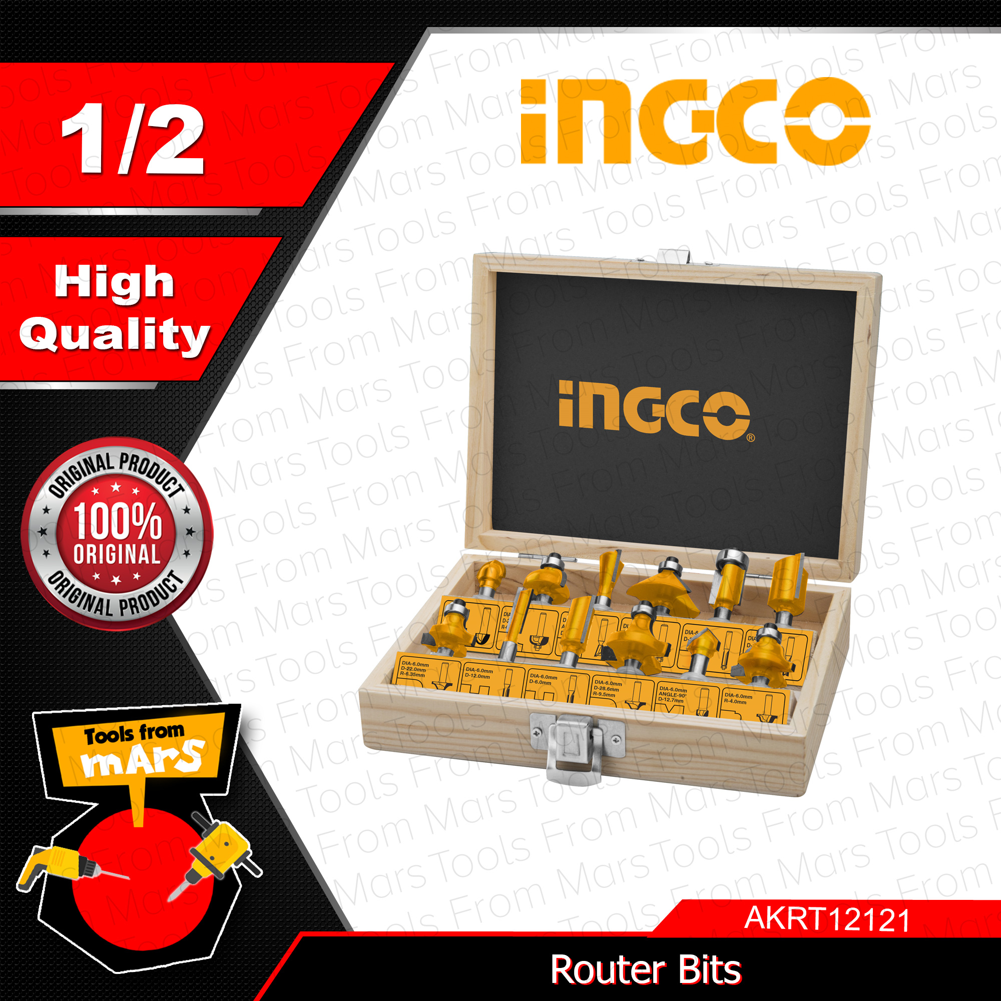 INGCO Router Bits SET 12pcs 12mm (1/2") AKRT12121 •TOOLS FROM MARS• IHT