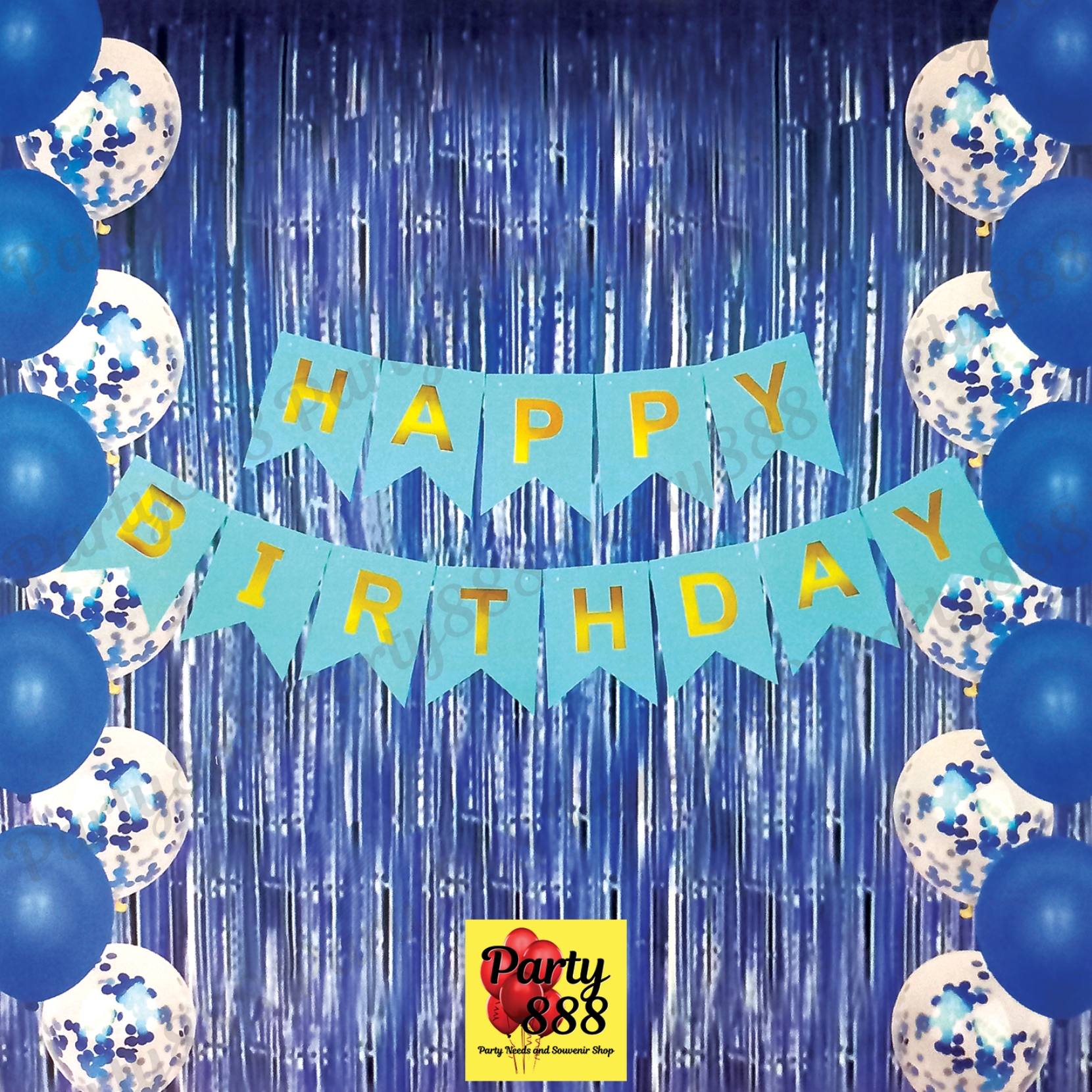 Happy Birthday Blue theme party with Blue Banner Foil Curtain Confetti