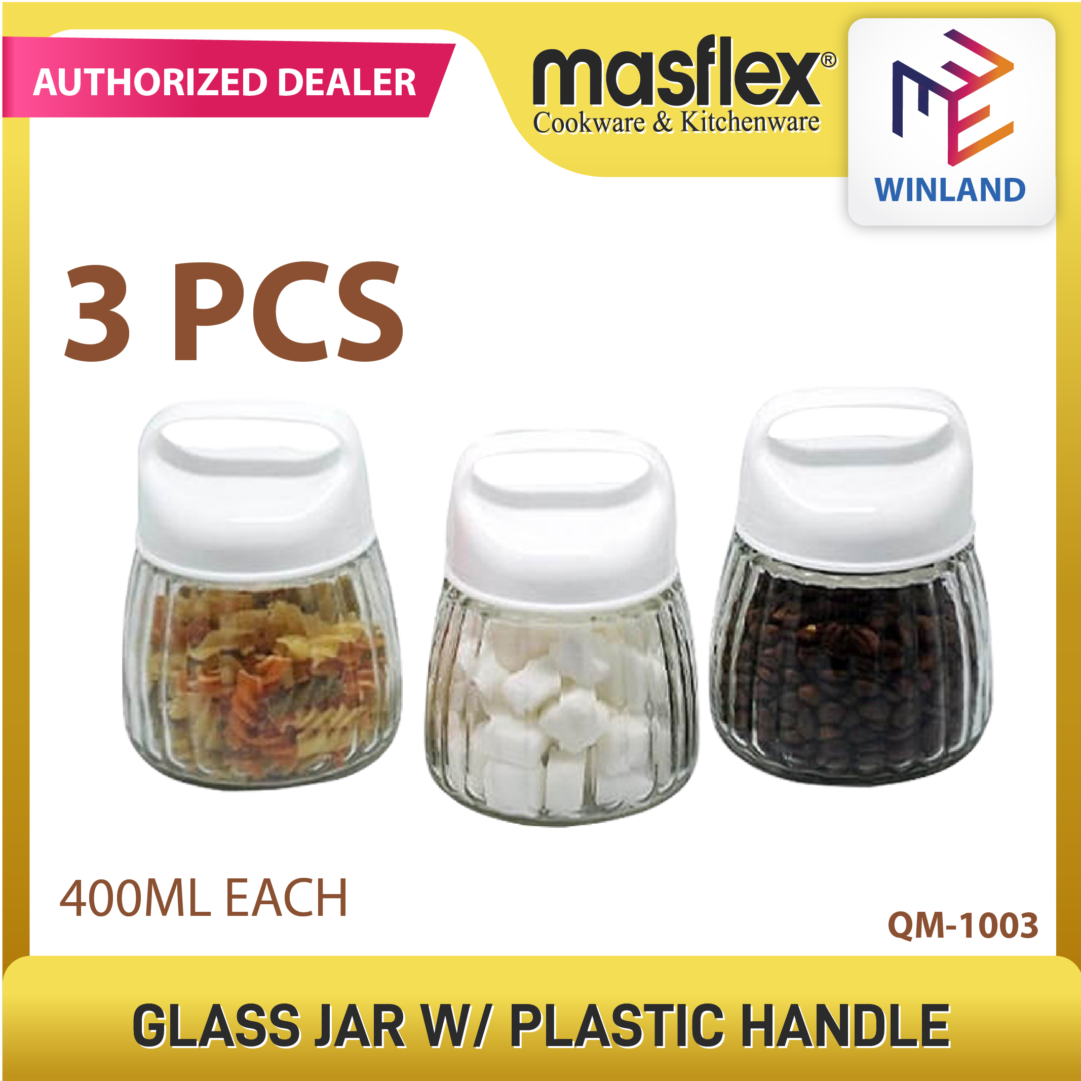Masflex by Winland 3 Piece 400ml Glass Jars with Plastic Lid QM-1003 ...