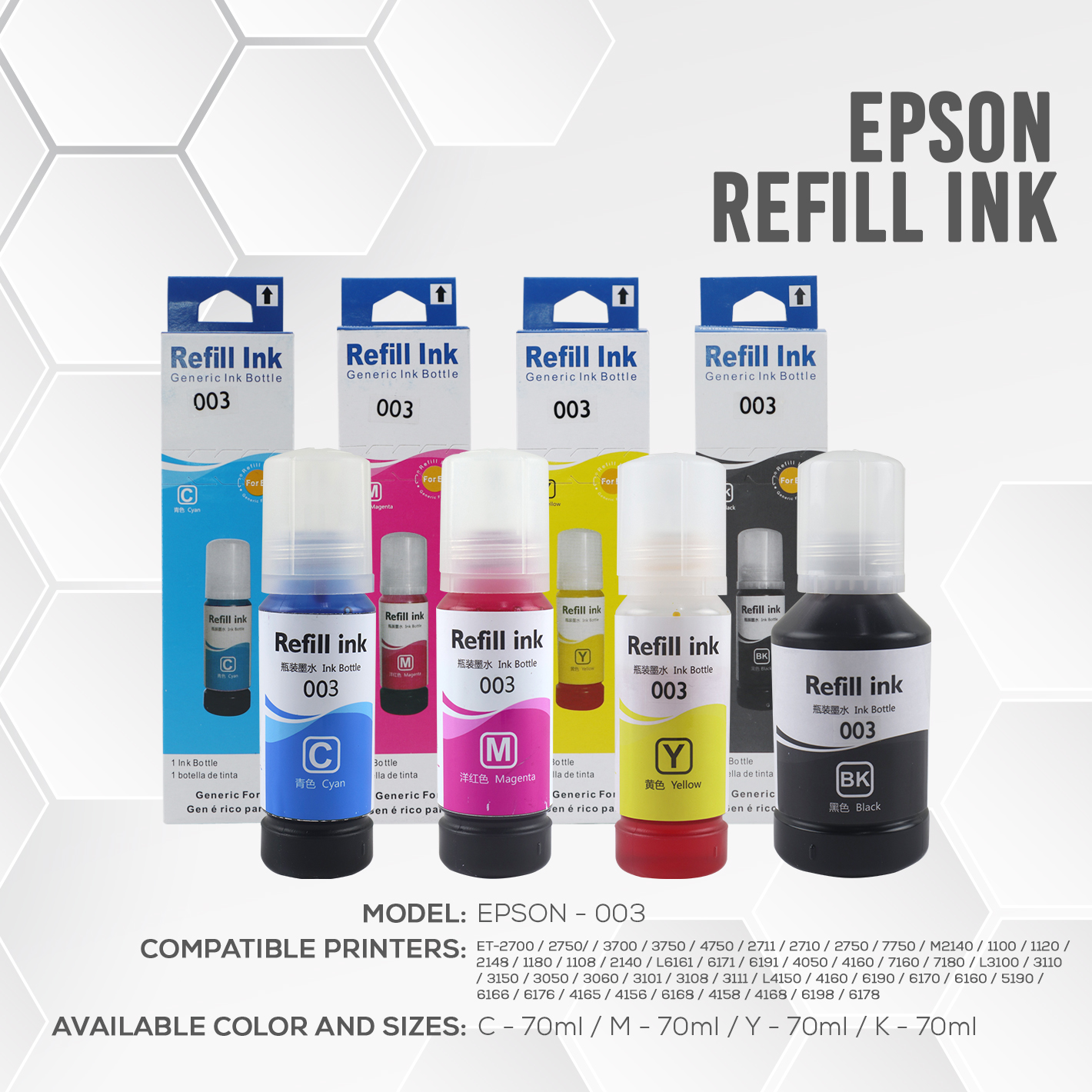 Refill Ink 003 For Epson L3110 L3210 L1110 L1210 L1250 L3116 L3216