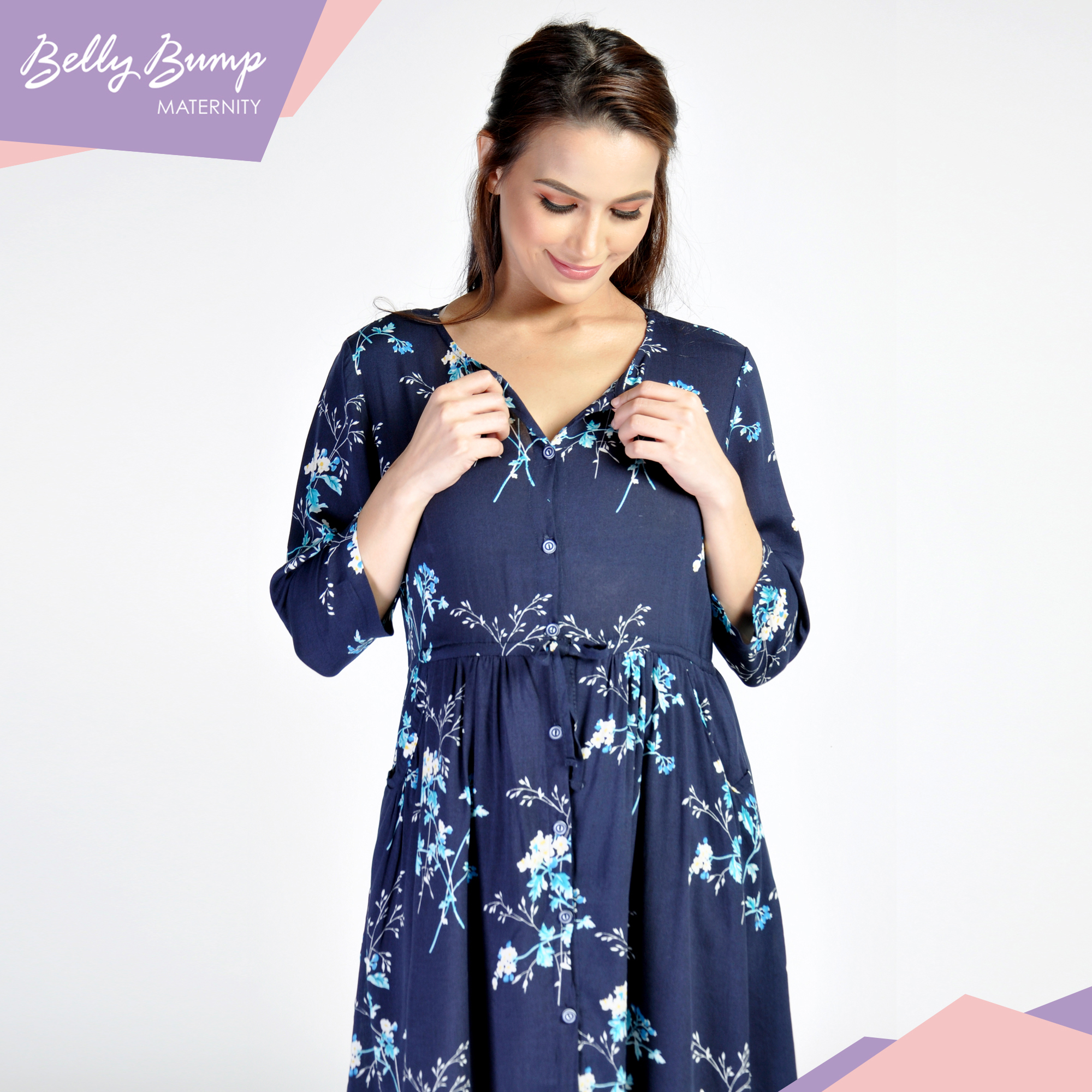 NURSING AND MATERNITY DRESS WITH ADJUSTABLE WAIST BOW AND POCKETS