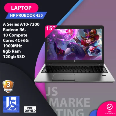 Laptop set / HP Probook 455 / A series A10-7300 / Radeon R6 / 1900Mhz / 8gb ram / 120gb ssd / Intel HD Graphics / Wifi ready / Good for gaming and online schooling