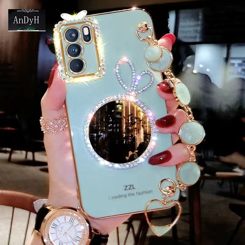 AnDyH Precise camera protection case For OPPO A16 2021 cases Bunny makeup mirror with gemstone bracelet