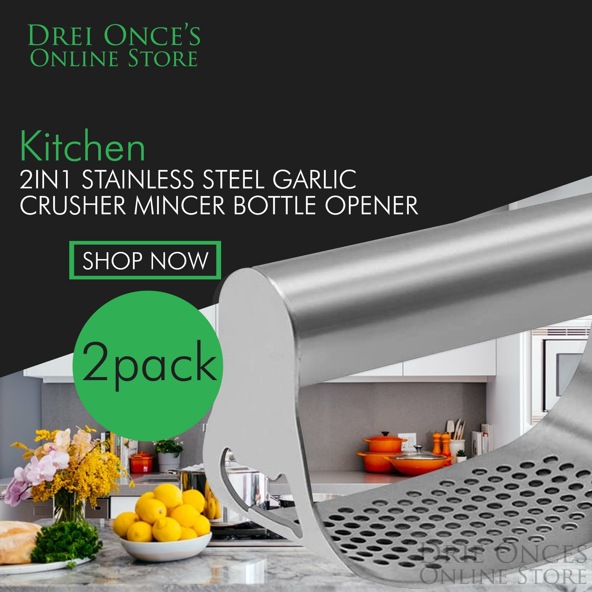 Garlic Rocker Crusher Mincer Press with Bottle Opener Dishwasher Safe Stainless Steel