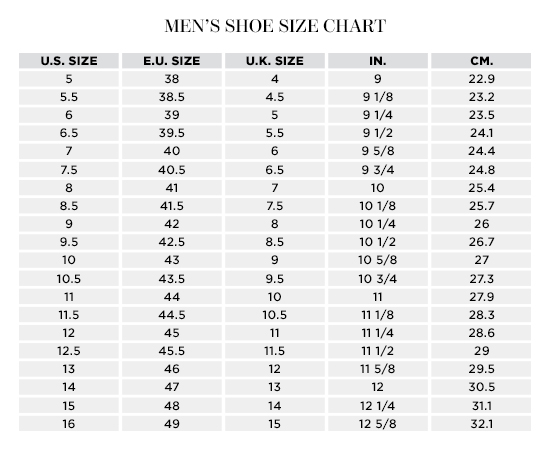 shoe size chart for male