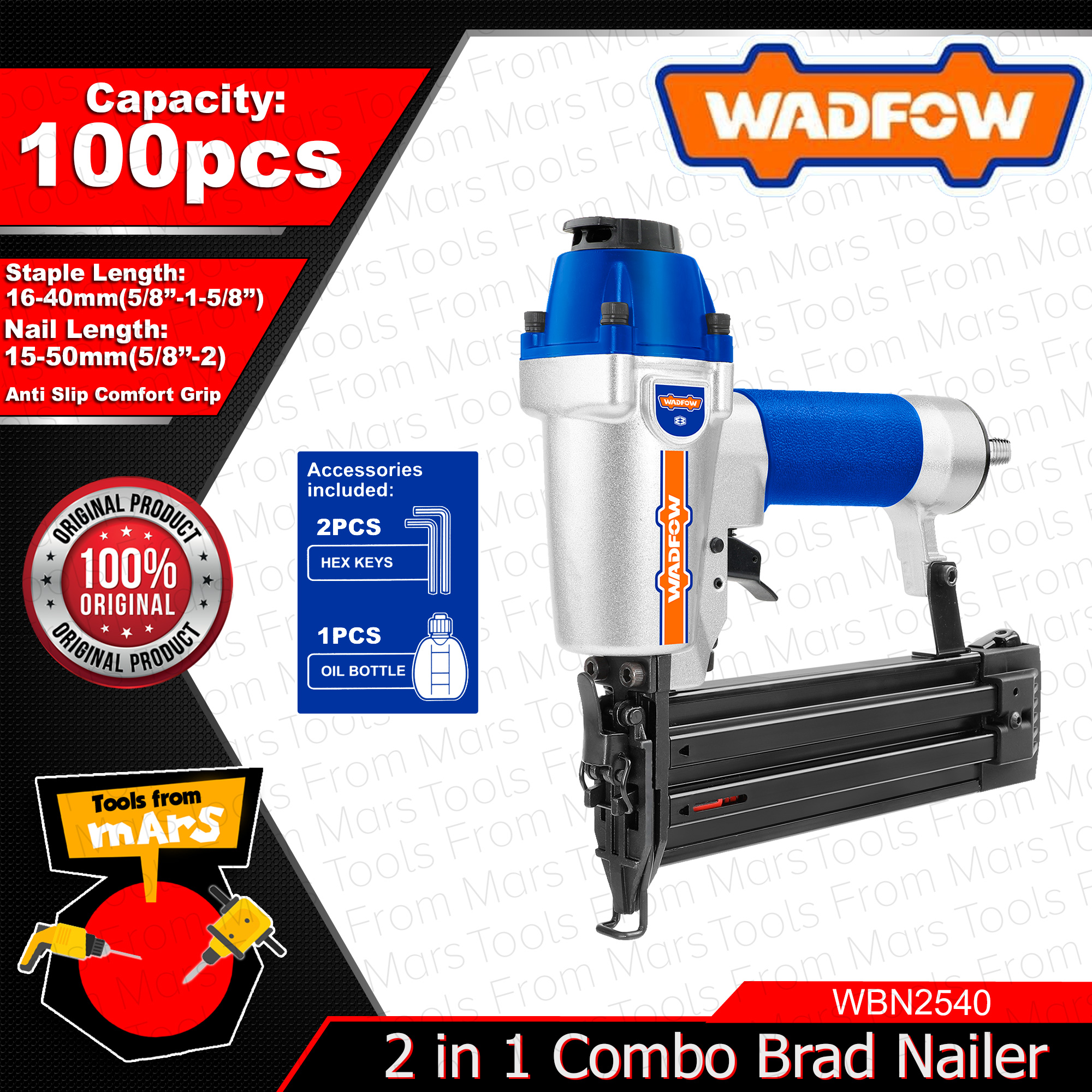 WADFOW 2in1 Combo Brad Nailer Stapler 100PCS Capacity Nail Gun Staple