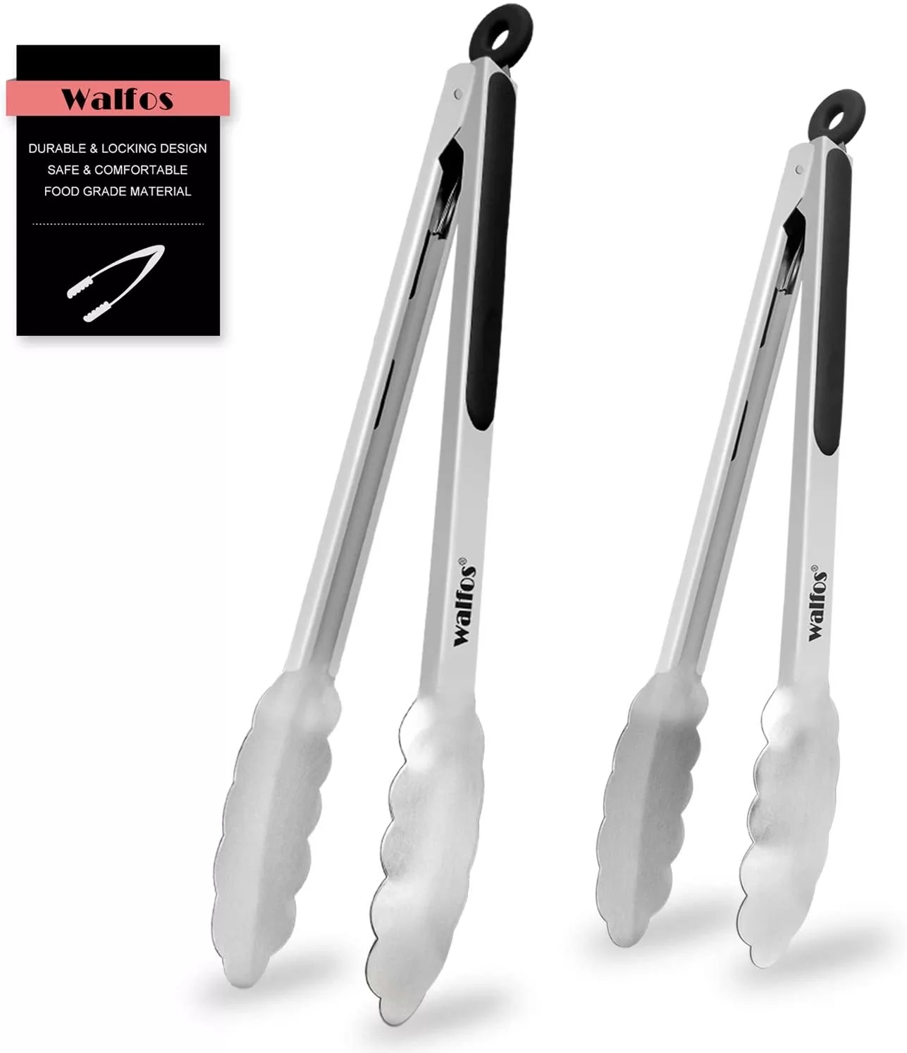 Black Salad,Steak,Set of 2 9 & 12 Inch Silicone Kitchen Tongs,Heavy Duty Non-Stick Stainless Steel Tongs Set with Locking O-Ring Head and Silicone Tips Serving For Cooking,BBQ,Barbecue 