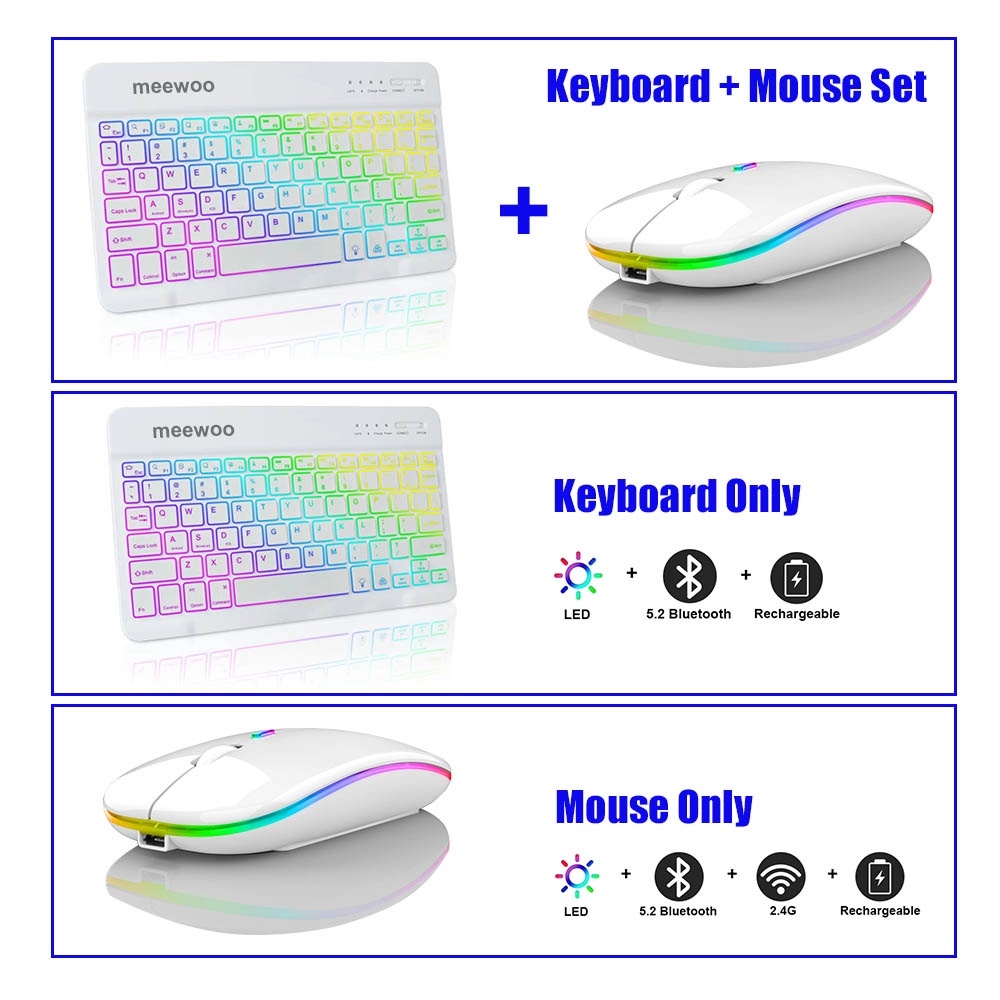 Meewoo Wireless Bluetooth Keyboard Mouse Set Rechargeable 10inch For