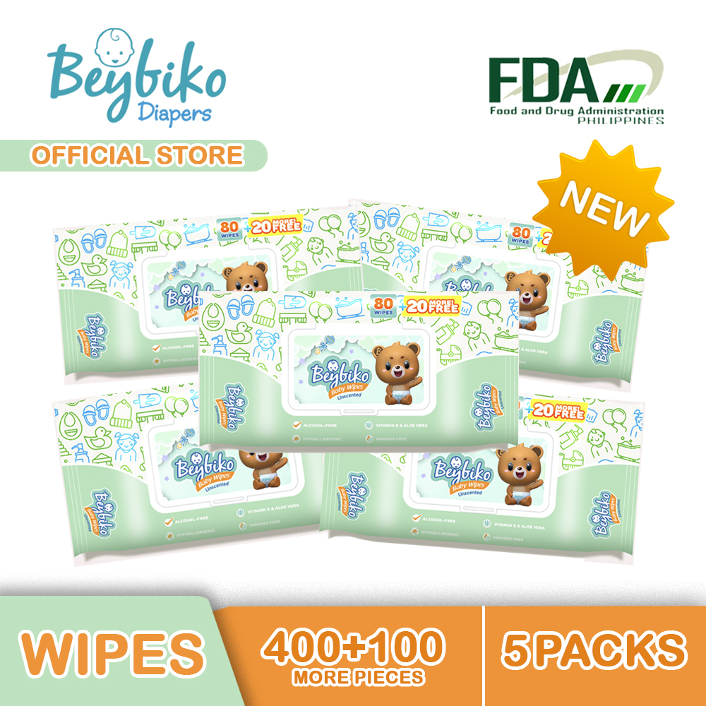 Beybiko Baby Wipes Unscented 80 sheets + 20 sheets free X 5 Pack