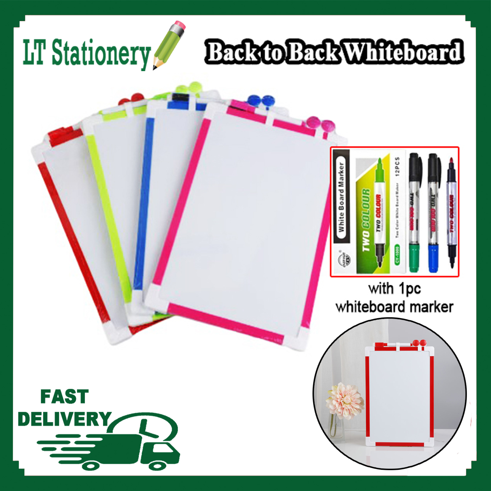(Lt Stationery) Back to back magnetic whiteboard PVC frame 20x30cm with 1pc  whiteboard marker