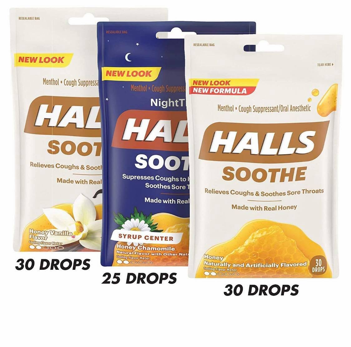 Halls Soothe Variety Pack, Vanilla, Honey, Chamomile, 2530 Drops