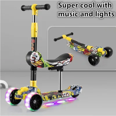 Super cool with music and lights Baby scooter children 1-3-6-8 years old children can sit and ride a three-in-one balance scooter Cool graffiti can sit and slide 2-6-10 years old male and female baby three-in-one scooter for girls bike for kids