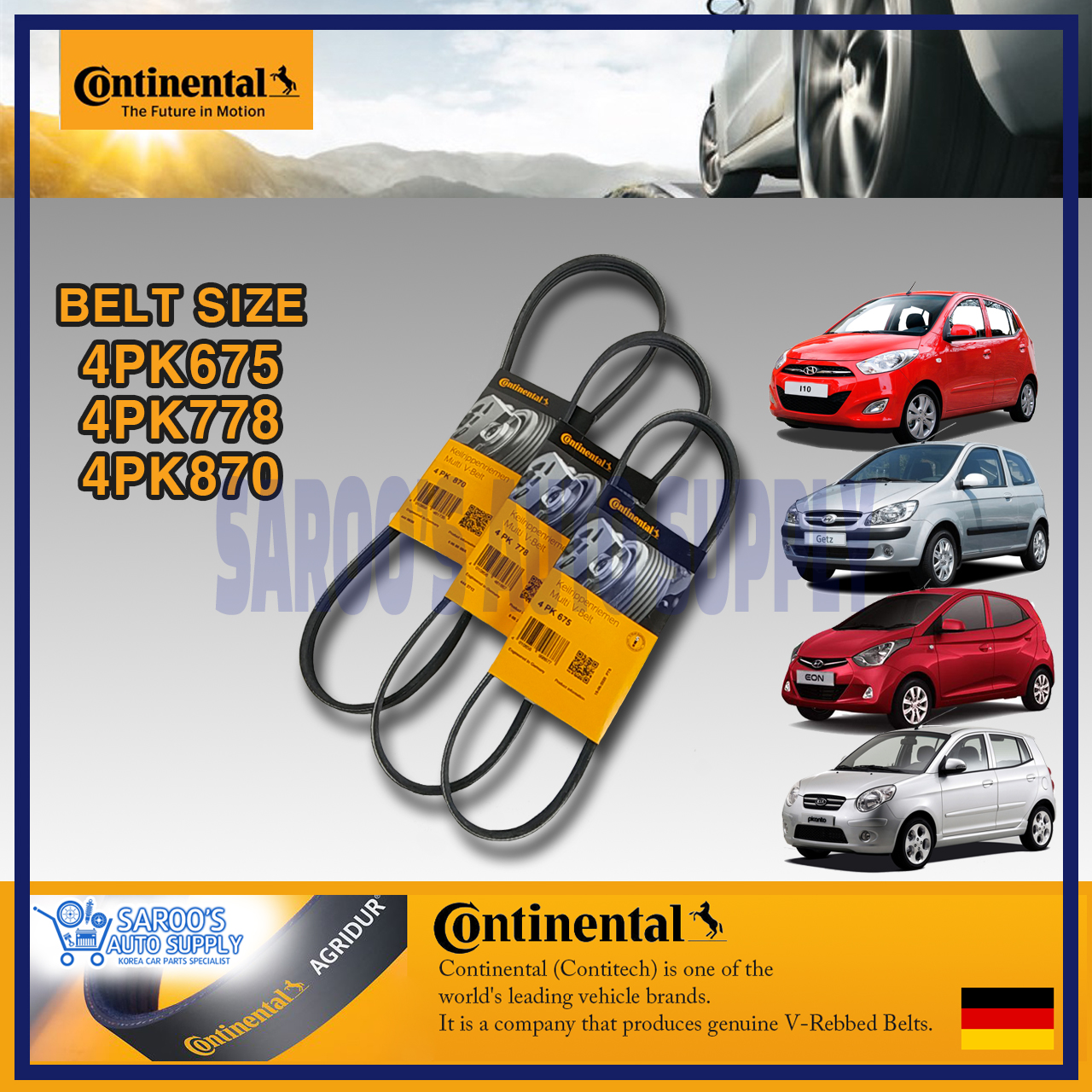[Continental ] Fan Belt / VBelt Set For I10 , EON , Getz , Picanto