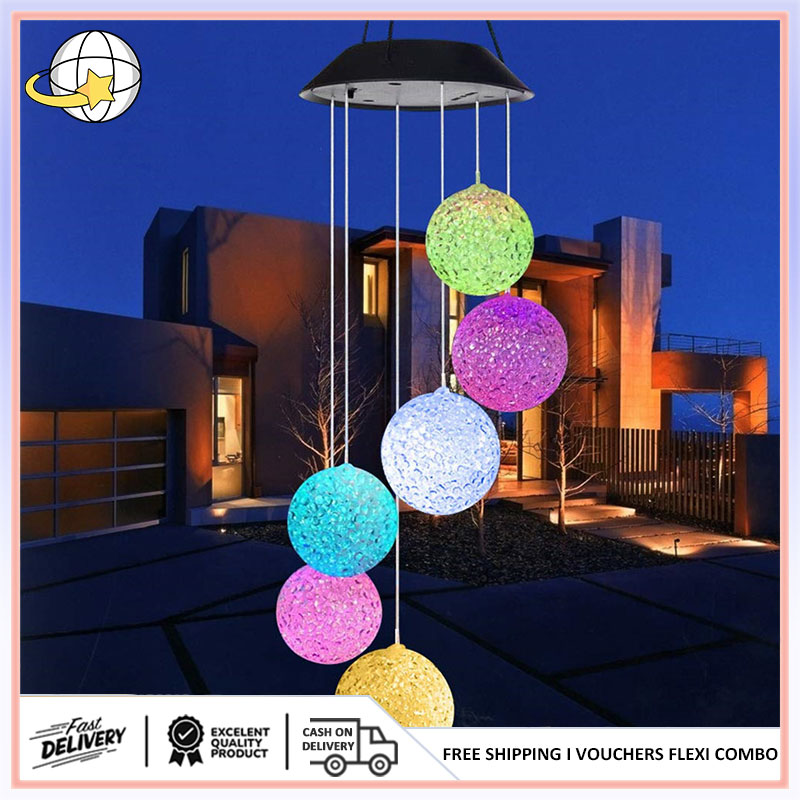 LINKPAL Solar LED Crackle Glass Moon Wind Chime - Outdoor Home Decor - Warm Crackled Glass Ball Light
