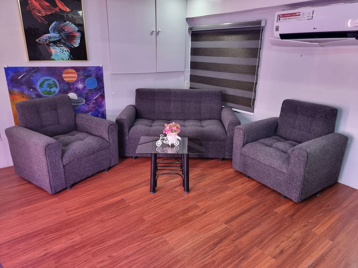 ambassador sala set dark grey fabric sofa with glass table uratex foam