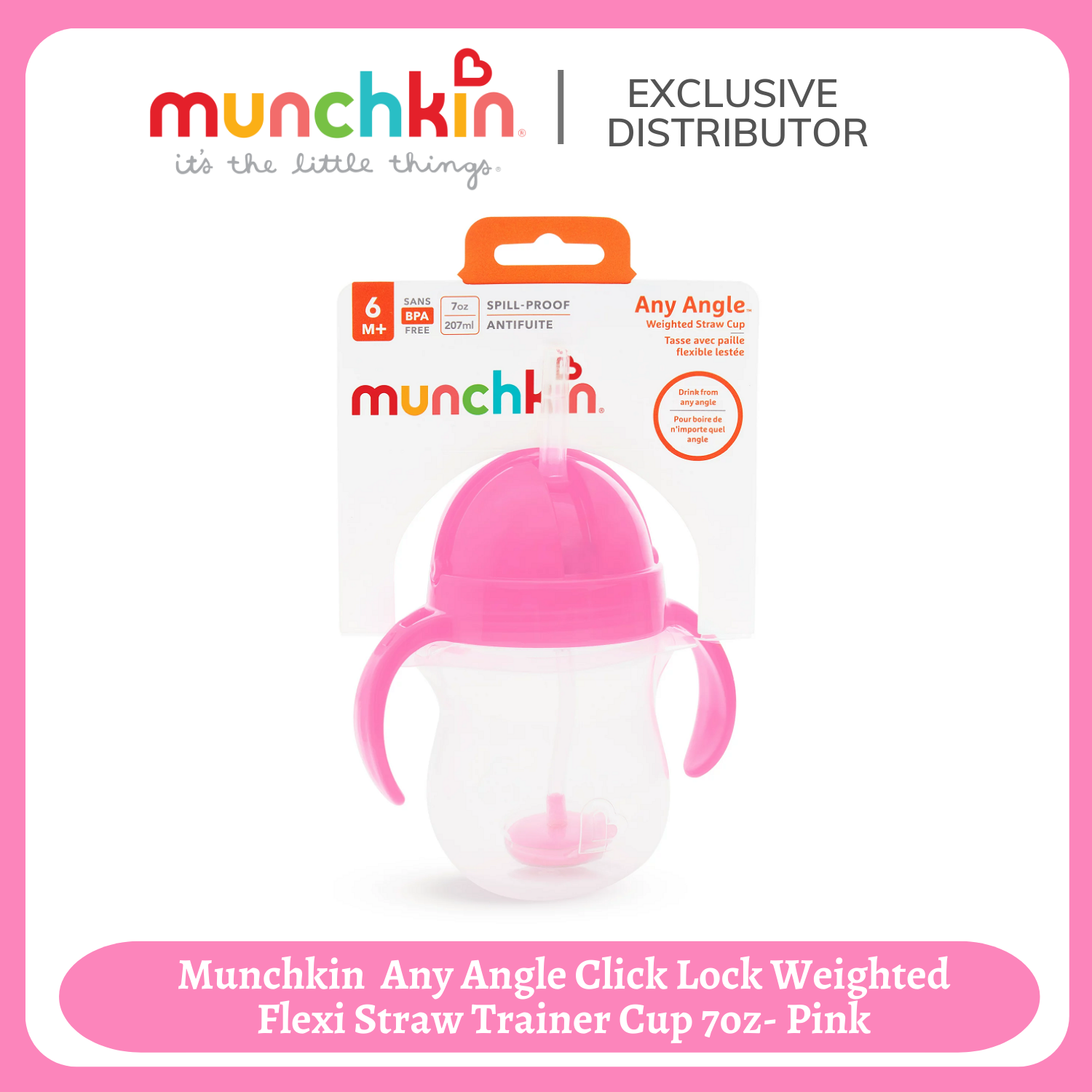 Munchkin 10oz Any Angle Click Lock Weighted Straw Cup, Pink