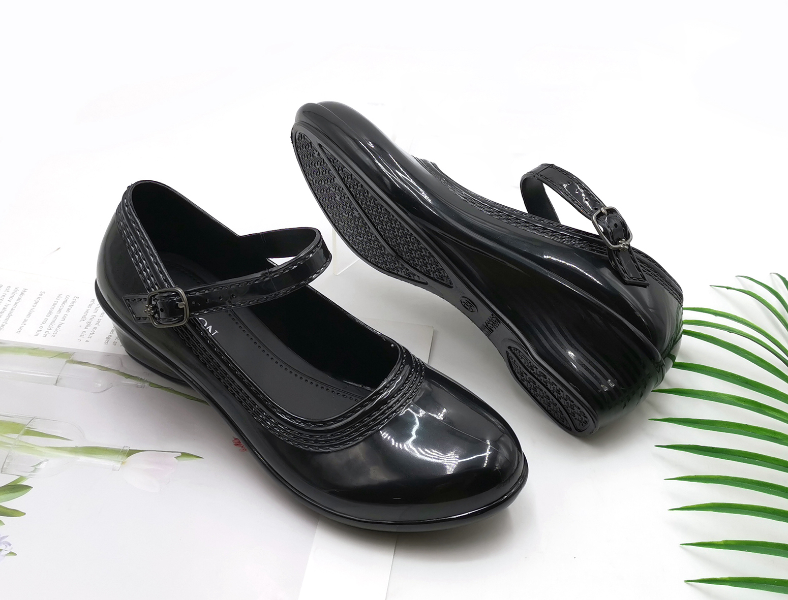 Women Kids girl black school shoes glossy rubber waterproof office work