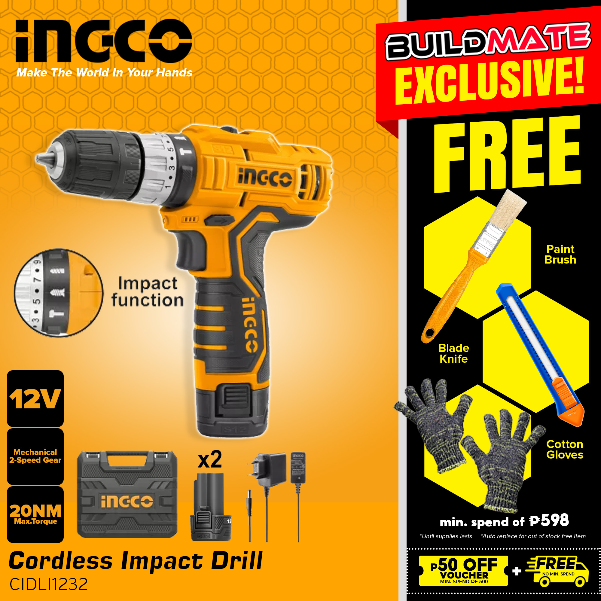 BUILDMATE Ingco 12V 20NM LiIon Cordless Impact Drill Driver Drilling