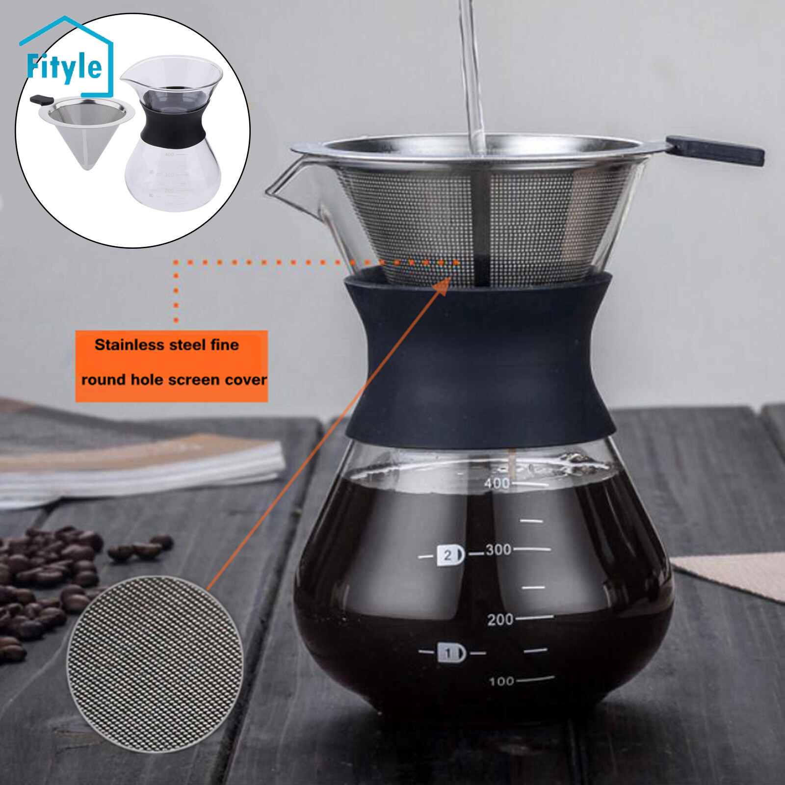 Pour Over Coffee Maker, Glass Coffee Pot Coffee Brewer with Stainless Steel Filter, High Heat Resistance Decanter, 14 Ounce -, Size: 15x9.5x6cm